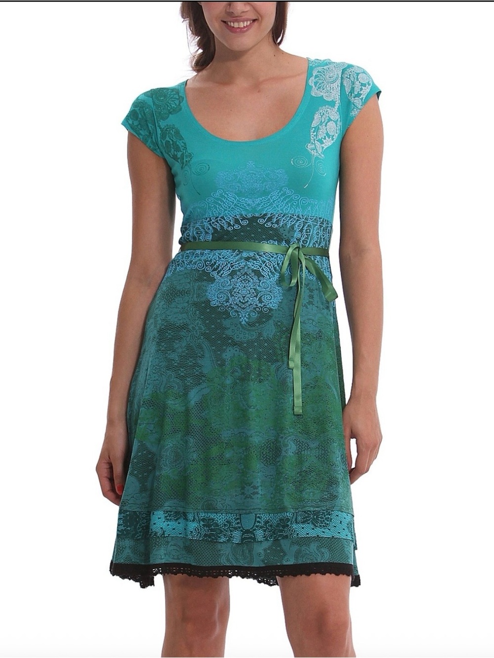 Like New Desigual Teal Green Lace and Print Short Cap Sleeve Stretch Dress 👗